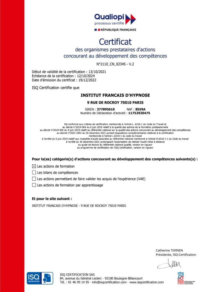 Certificat Qualiopi Institut Français d'Hypnose